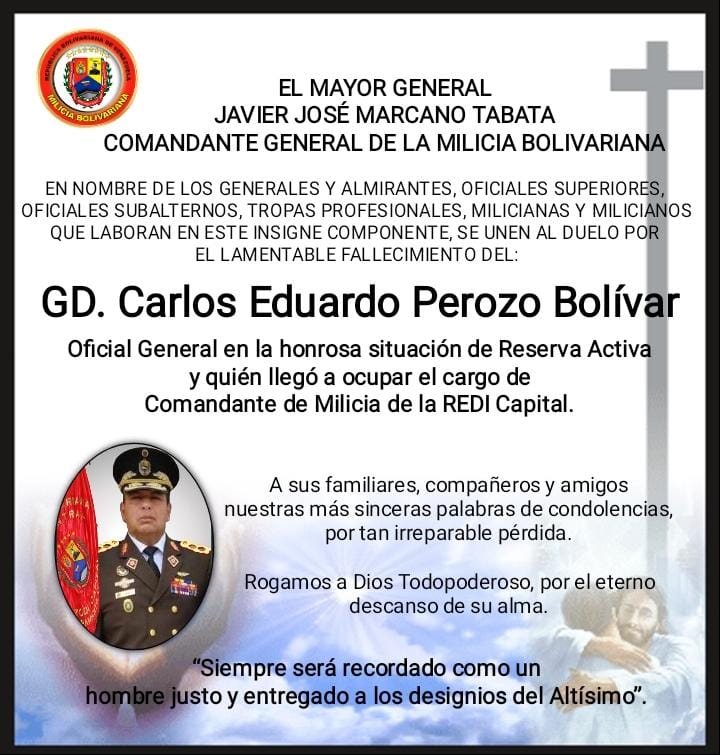 Desde la gran familia @Milicia_B1 nos unimos al duelo que embarga a la familia Perozo Ramírez, por la irreparable pérdida del GD. Carlos Eduardo Perozo Bolívar. Elevamos nuestras plegarias por el eterno descanso de su alma y pedimos mucha fortaleza para su esposa e hijos.